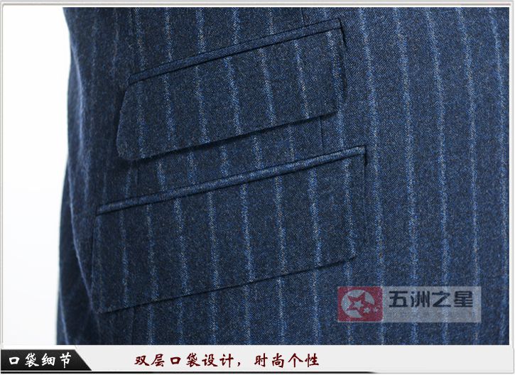 男士一粒扣蓝色条纹职业套装口袋细节展示