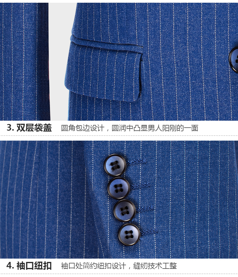 休闲时尚男士蓝色职业装定制纽扣和口袋细节图介绍